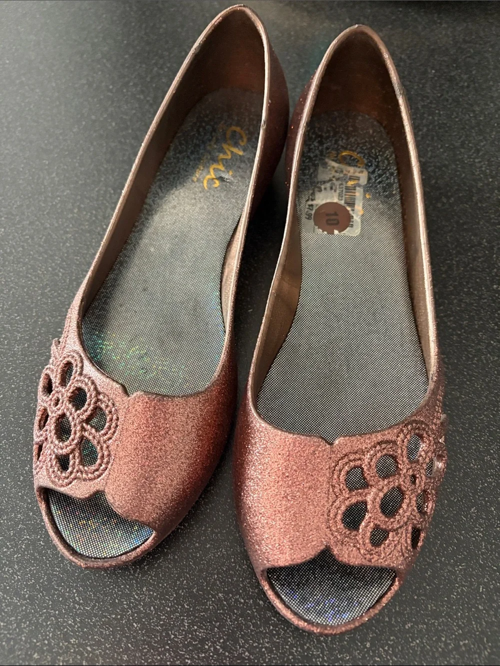 Glitter Floral Peep-Toe Flats - Rose Bronze - Picture 1 of 7